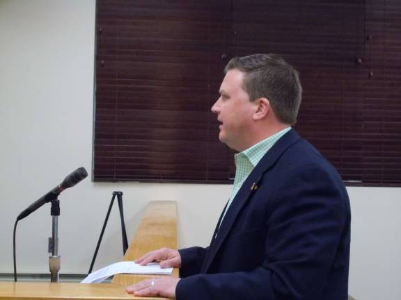 Photo by Vera Olinski Andover Township Committeeman Jack Burke encourages the Sussex Borough Council to demand the immediate resignation of County Administrator John Eskilson and County Attorney Dennis McConnell