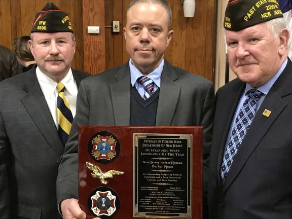 Space honored by state VFW Left to Right, Carey Pritchett, State Commander, Veterans of Foreign Wars (VFW), Department of NJ, Assemblyman Parker Space, R-Sussex, Warren, Morris, the NJ VFW Legislator of the Year; Bill Thomson, NJ VFW Legislative Director.