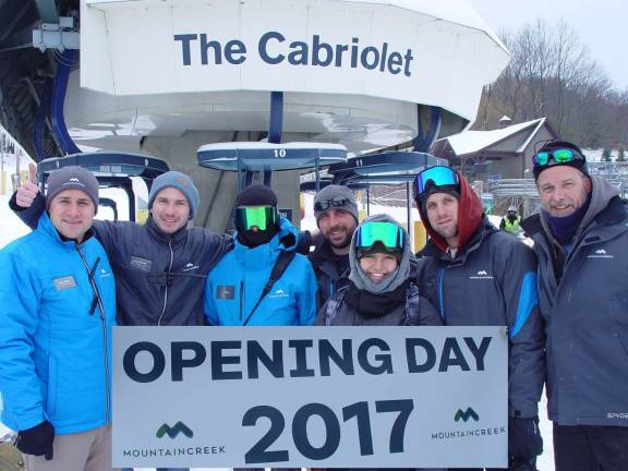 Jason Bays, MC&#x2019;s General Manager (left) &amp; Spokesperson &#x201c;Whacky Jackie&#x201d; (middle) Lift Ops Manager &#x201c;Mr. Pete&#x201d; (right) welcome skiers to opening day.