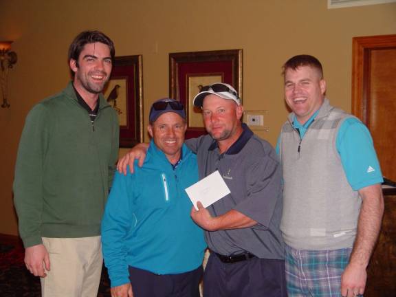 The first April Member Crystal Cup Low Gross Champions: Anthony Fioretti and Randy Halat with Event Coordinator Eric Wefer and GM Dan Hintzen.