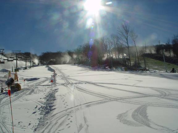 A view of the ideal skiing conditions on the Sugar Slope on opening day.