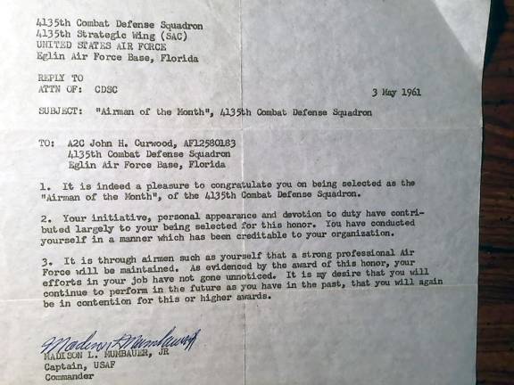 My 80-year-old dad, an Air Force veteran with Alzheimer’s, needs to get out of jail, now A May 1962 letter from Commander Madison L. Mumbauer Jr. commending John H. Curwood as Airman of the Month