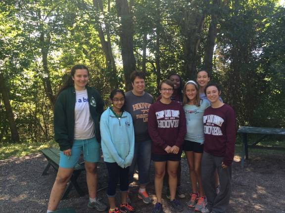 Photo by Laurie Gordon Campers at Camp Lou Henry Hoover, located on Swartswood Lake, pose with the camp's long-time Director. Pictured: Molly Rall (Warren), Priya Shah (North Caldwell), Claudio Pietrus (Randolph), Erin Connelly (Westfield), Elana Bain (Old Bridge), Deb Hooker (Director, from Stillwater), Chase Barnes (South Orange), Lillie Austin (Maplewood).