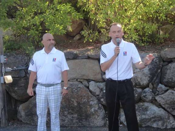 Crystal Springs Vice President Art Walton, right, and U.S. Footgolf Association President Roberto Balestrini explain the rules to tournament competitors.