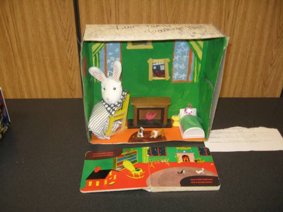 Shoeboxes float at the library The beloved story Good Night, Moon is displayed.