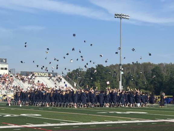 Vernon Township High School Class of 2024 Members of the Vernon Township High School Class of 2024 toss their caps in the air at the end of graduation Wednesday, June 19. (Photo by Theresa Sabia)