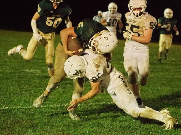 A collision between Sussex Tech quarterback Brendan Maroney and Wallkill Valley linebacker Ben Mizeski in the fourth quarter.