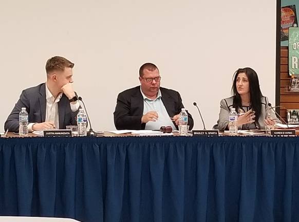 PHOTOS BY NICOLE M. WELLS Vernon Township School District Superintendent Karen D'Avino speaks as BOE Vice President Justin Annunziata, left, and Board President Brad Sparta listen. Assistant Superintendent