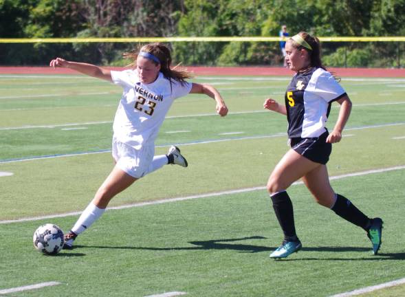 West Milford shuts out Vernon, 2-0 Vernon's Tea Brich is about to kick the ball while shadowed by West Milford's Natalie Hamblin late in the game. West Milford High School (Passaic County, N.J.) defeated Vernon Township High School in girls varsity soccer on Saturday, September 23, 2017. The final score was 2-0. The game took place at Vernon Township High School in Glenwood, New Jersey.