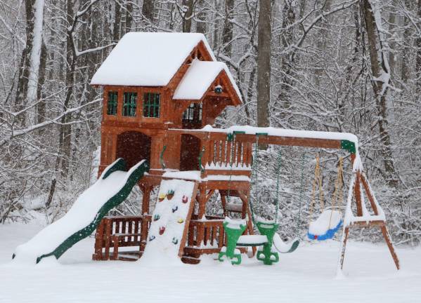 A jungle gym is covered in snow during an April 2 storm.