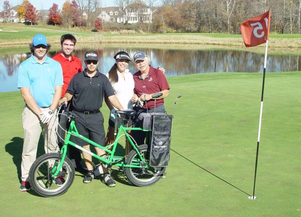 Ballyowen 3peats as Crystal Springs employee champions The Cascades Golf Course Team of Brett Hill, Kim Lyons, George Schneider and Brendan Rowen pose on the 15th green with Eric Wefer after completing their golf bicycle relay race.