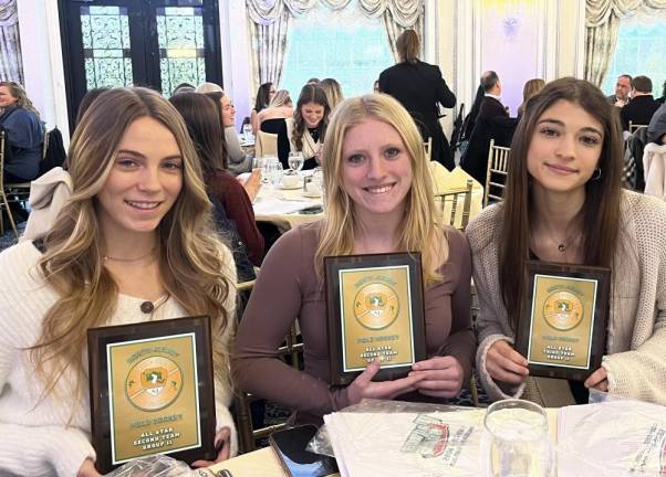 Three Vernon field hockey players are honored at the North Jersey Field Hockey Coaches Association Awards Banquet. From left are Sidney Van Tassel and Bailey Mann, both second team in Group 2, and Grace Tavares, third team in Group 2.