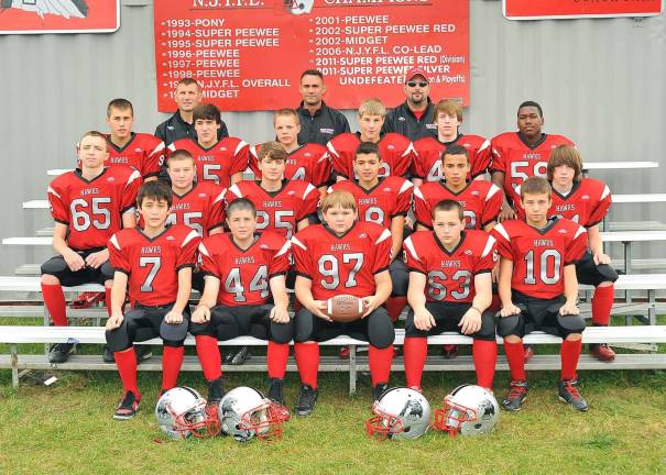Youth football champs The High Point Hakws won the New Jersey Youth Football League by defeating, Sparta, 14-0. The team is: on top, Head Coach: Ken Smith (not pictured), Asst. Coach: Andy Coccio, Asst. Coach: Shane Hunsicker, Asst. Coach: Jeff Quitadamo; second row,No. 99 Austin Phillips, No. 15 Gavin Hunsicker, No. 84 Brandon LaBar, No. 62 Eric Frei, No. 48 Ryan McCarrick, No. 58 James Varga; Third Row: No. 65 Joseph Lombardo, No. 45 Trevor Birchenough, No. 25 Robbie Turro, No. 18 Joseph Quitadamo, No. 23 Jacob Philip, No. 31 Chad Musilli; third row,No. 65 Joseph Lombardo, No. 45 Trevor Birchenough, No. 25 Robbie Turro, No. 18 Joseph Quitadamo, No. 23 Jacob Philip, No. 31 Chad Musilli; bottom row,No. 7 Oak DiStefano, No. 44 Shayne Ratz, No. 97 Timothy Bene, No. 63 Richard Hofmann, No. 10 Carson Moore