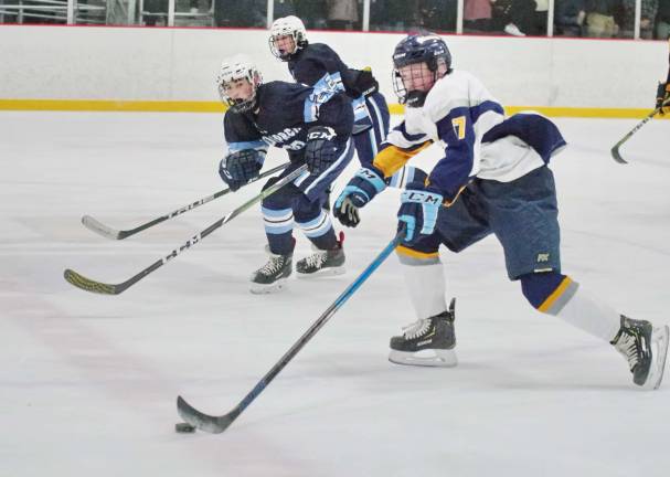Vernon's Cole Brennan uses his stick to reach for the puck in the first period.