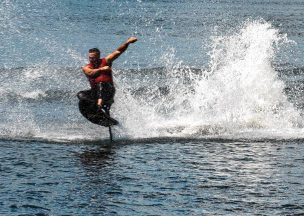 Sparta. Fourth of July events Damon Jenkins on the hydrofoil during the Lake Mohawk Ski Hawks show.