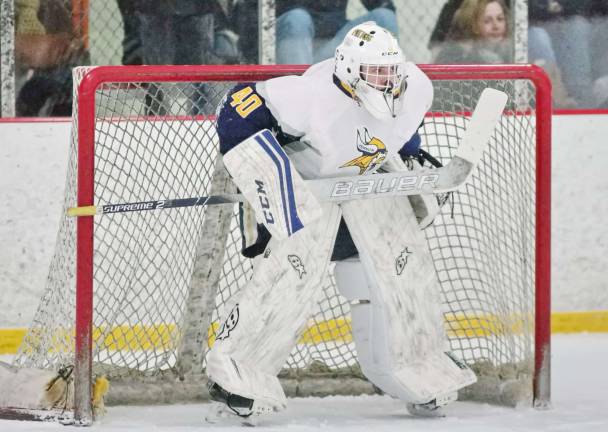 Vernon's goalie Jacob King stands guard in the second period. King made 17 saves.