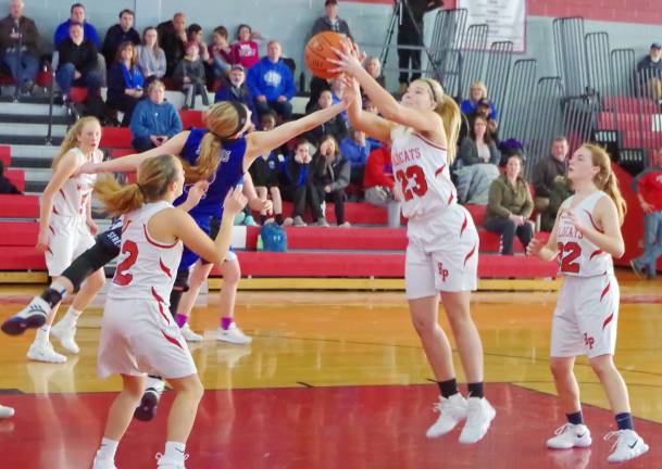 High Point posts win over Warren Hills High Point's Brittany Hill (23) grabs the ball at the same time Warren Hills' Heather Laffan reaches for it during a rebound in the fourth period.