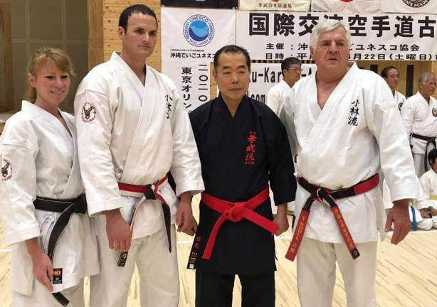 Vernon Valley Karate travels to Okinawa Sensei Monica Rolando, Sensei Matthew Shull, Hanshi Keishun Kakinohana and Sensei Tom Shull.