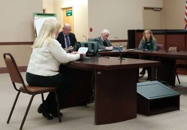 Vernon resident Sally Rinker speaks as Vernon Mayor Harry Shortway, Township Administrator Patrick Bailey and Chief Financial Officer Elke Yettter listen during Monday's council meeting.