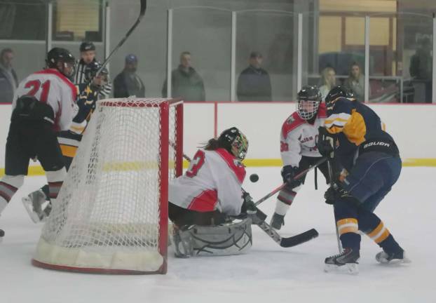 The puck ricochets off of High Point-Wallkill Valley's goalie Meghan Grifone early in the game.