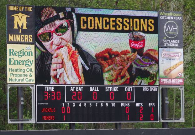 The billboard-scoreboard at Skylands Stadium.