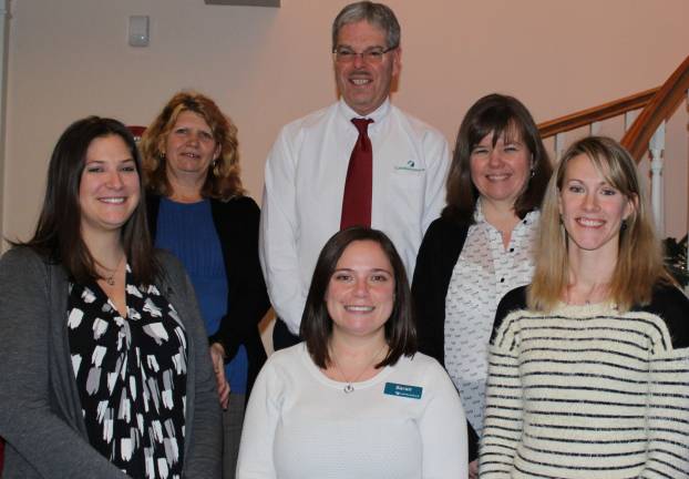 Lakeland Bank President and CEO Tom Shara (back row) stands with colleagues, from left, Mary Kellenberger of Wantage and Mary Franchini of Lake Hiawatha; and in front, from left, Amy Lane of Hillsborough, Sarah LeoGrande and Kim Coleman, both of Wantage, who were all presented an Employee of the Quarter Award.
