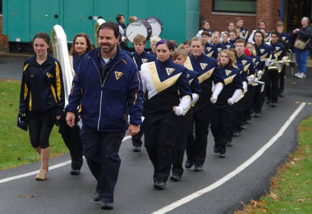 The Vernon Township High School Viking Band led the parade followed by the veterans and their families as they marched up the hill at the rear side of the school.