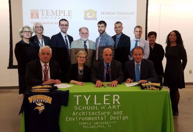 Pictured, from left to right: Dr. Kate Wingert-Playdon, Michele O&#xfe;&#xc4;&#xf4;Connor and Peter Jones of Temple University, Joseph Piccirillo, Hester Stinnett, Anthony Ciaburri, Michael DeVore, Superintendent Arthur DiBenedetto, Dr. Clifton Fordham, Assistant Superintendent Dr. Charles McKay, Christopher LaCarrubba, Carmina Cianciulli and Dr. Rashida Ng