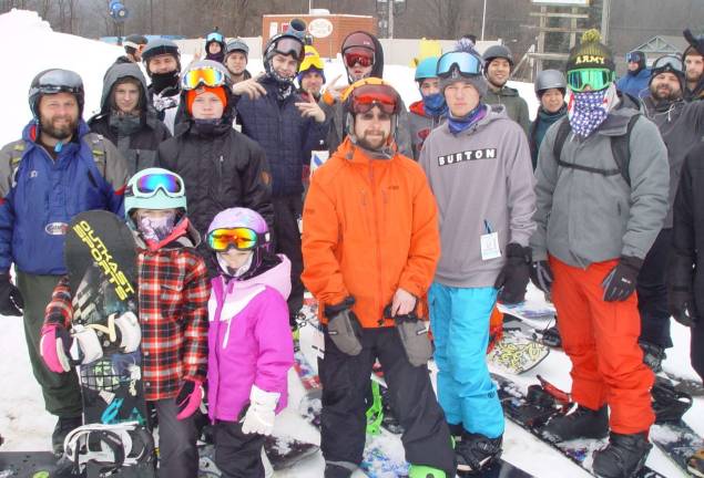 Aidan Hague and family Reilly, Kaelen, Karlly join riders Eddie Murray, Justin Lamert, James Neebling and Joe Bellotti in line for the opening of the lift at Mountain Creek South