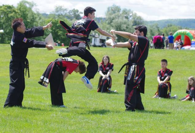 Eighteen year old Wantage resident and TAEKWONDO expert Joseph Pokry performs a high flying kick and breaks two pieces of wood simultaneously.