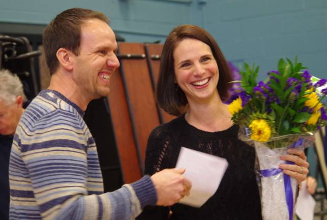 Shown with her husband Brian, Walnut Ridge School Counselor Nicole Keane was surprised by the students and faculty with her win as won the Counselor of the County award from the Sussex County School Counselor&#xfe;&#xc4;&#xf4;s Association.