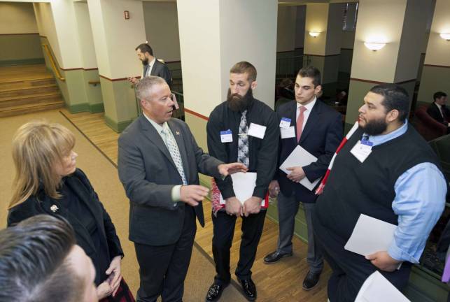 SCCC students 'lobby' 24th District legislators to protect college funding Assemblywoman Gail Phoebus and Assemblyman Parker Space speak to SCCC students, from left to right, Jonathan Finocchiaro, Frank Wallace, and Phil Andujar.