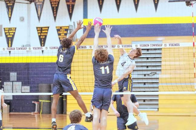Sports roundup: Janus wins gold in H/W/S Championships <b>Jefferson’s Allan Czerwinski (4) strikes the ball over the net and two Vernon opponents react. He made nine kills, 2.5 blocks, seven digs and one ace.</b>