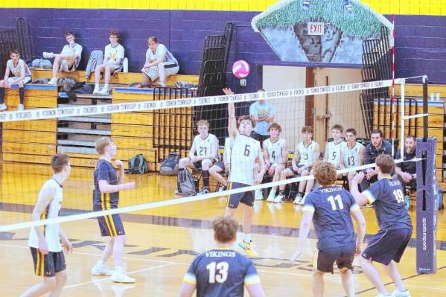 Sports roundup: Janus wins gold in H/W/S Championships <b>Jefferson’s Aiden Morris (6) strikes the ball. He made three kills, one block, six digs and one ace.</b>