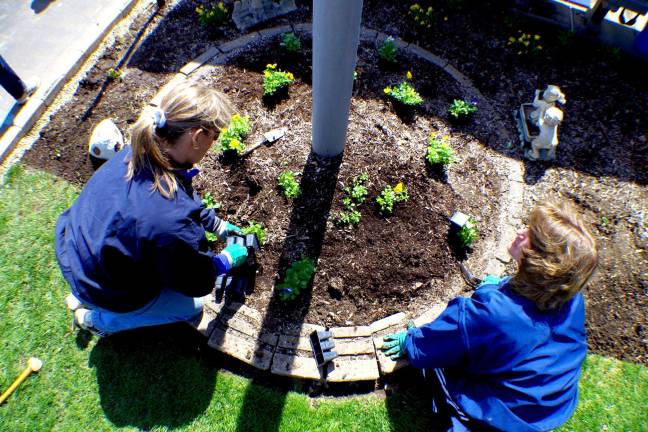 Volunteers beautify PAL building From left, Margaret Kranz of Valley National Bank and Cindy Rourke of the Vernon PAL plant pansies donated by Heaven Hill Farm.