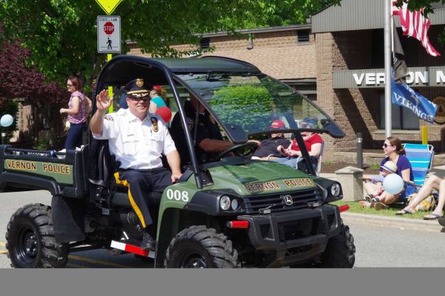 Leading the parade was Vernon&#x2019;s new Police Chief Randy Mills in the department&#x2019;s John Deere Gator Ultimate Terrain Vehicle driven by Lt. Daniel Young.