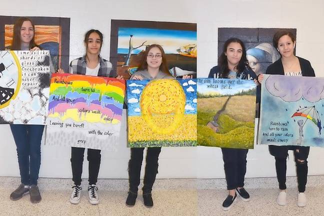 The art students here with their art are, from left, Crystina Kievet (grade 9), Idalis Santiago (Grade 10), Hailey Ipsale (grade 12), Faith Mitchell (grade 12) and Mariel Castro Reynoso (grade 9).