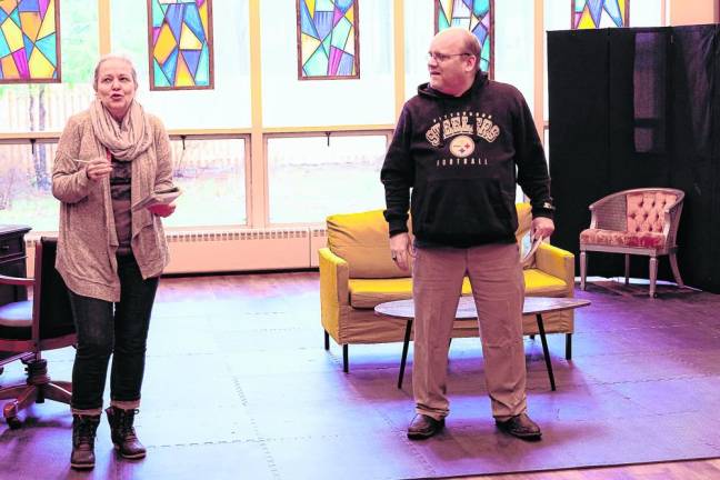 Lillian Ryan Farrell, understudy for Helga and Myra, rehearses with Stephen Burke, who plays Porter.