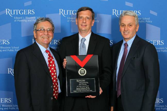 From left, Michael R. Greenberg, Dean/Aaron R. Fichtner, Ph. D./James Zullo, Bloustein School Alumni Association Chapter Representative