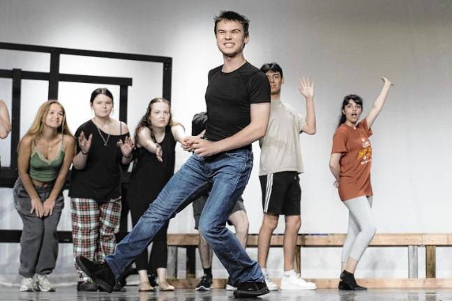 ‘Something Rotten!’ musical onstage in Sparta <b>Logan Frazer, front, as Nigel Bottom with dancers, from left, Maddy Sutton, Hayley Frazer, Blair Lanza, Thomas Fossett and Madisyn Rojas rehearse a dance number from ‘Something Rotten!’ (Photo provided)</b>