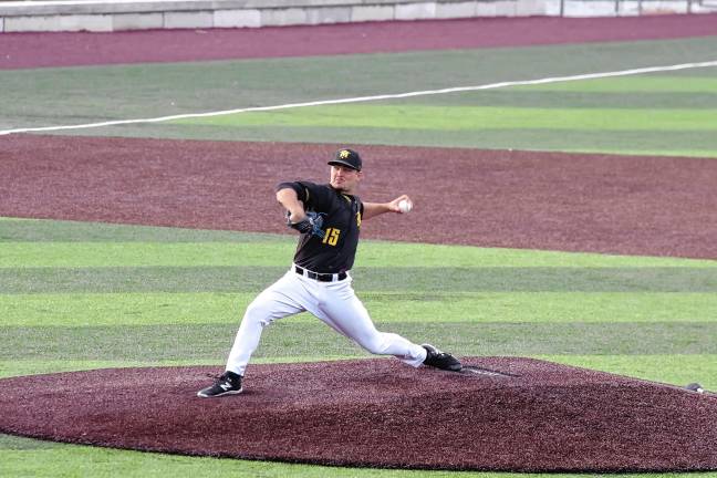 UPDATED: Miners make playoffs <b>Sussex County Miners pitcher Jackson Balzan on the mound. He pitched for eight innings, producing nine strikeouts. </b>