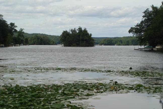 An island looms in the distance on the Main lake.