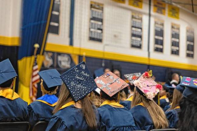 Where we’ll go from here <b>Decorated caps of members of the Vernon Township High School Class of 2025 at graduation June 19. (Photo by Cody Williams)</b>