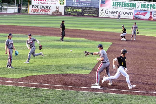 UPDATED: Miners make playoffs <b>The Sussex County Miners’ Hunter D'Amato reaches first base before the ball in the second inning of a game against the Brockton Rox on Saturday, Aug. 2. The Miners won, 9-3. (Photos by George Leroy Hunter)</b>