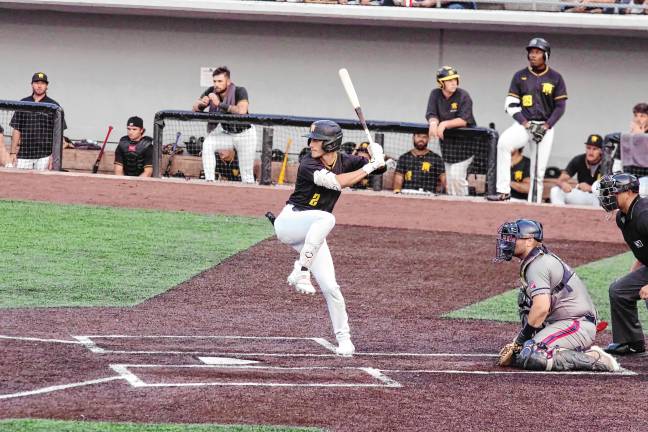 UPDATED: Miners make playoffs <b>Sussex County Miners batter Hunter D'Amato raises his leg before the arrival of a pitched ball. He scored two runs during the game.</b>