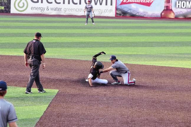 UPDATED: Miners make playoffs <b>Miners runner Hunter D'Amato is tagged out at second base by Rox infielder J.R. DiSarcina in the second inning. </b>