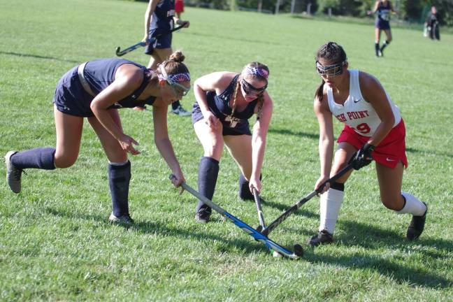 Lenape Valley Patriots and a High Point Wildcat use their sticks to reach for the ball.
