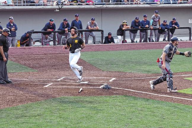 UPDATED: Miners make playoffs <b>The Miners’ Alec Sayre crosses home plate to score in the first inning, moving the team ahead of the Rox, 3-1.</b>