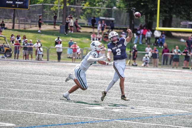 Football roundup: High Point beats Jefferson <b>PJ2 Pope John quarterback Luke Irwin (2) throws the ball while being chased by DePaul defender Jaxon Bastante. (Photo by George Leroy Hunter)</b>