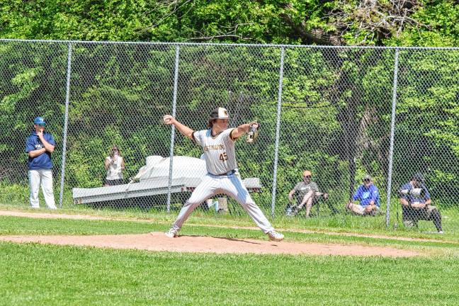 Photos: Vikings advance to semifinal <b>West Milford pitcher Cole Czerepak in the midst of a throw.</b>